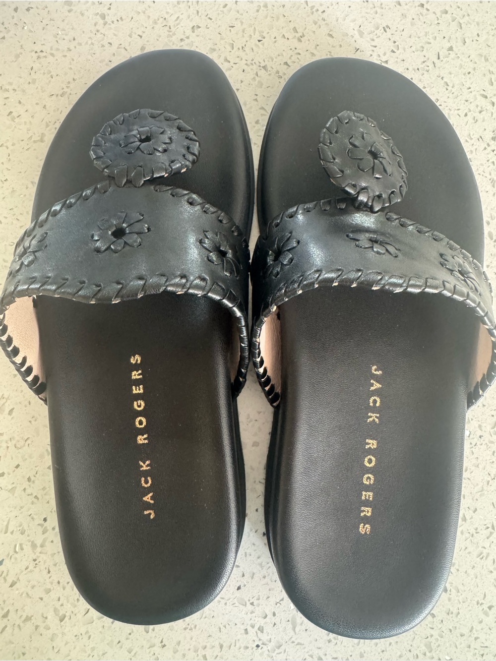 Jack Rogers Black Leather Slide Sandals with Whipstitch Medallions